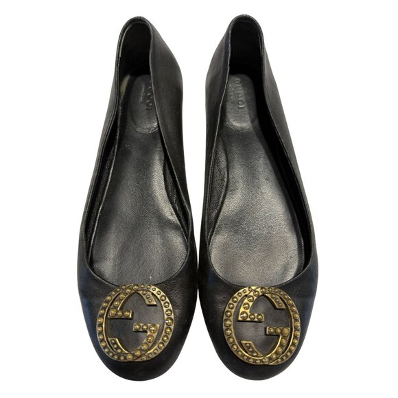 Gucci Charlotte Nero Black Nappa Leather GG Ballet Flats Vintage Women's 38 - Picture 1 of 10